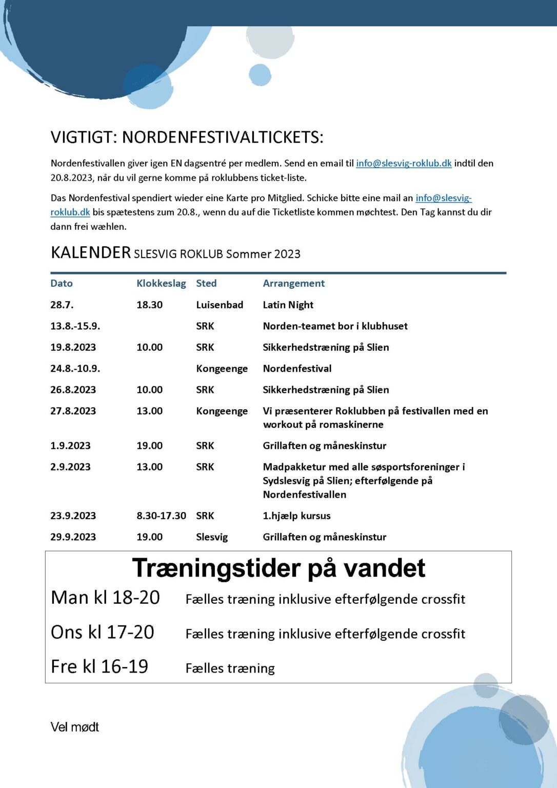 Overblik over begivenheder og vigtige datoer – Slesvig Roklub